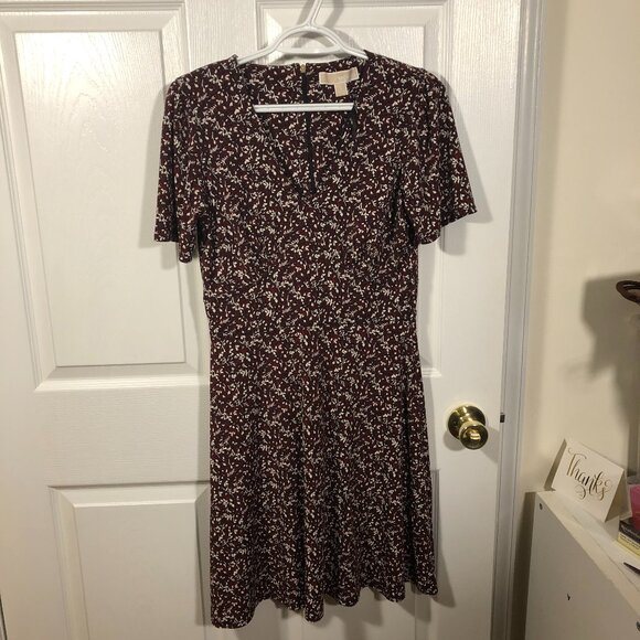 Michael Kors maroon flowery print dress, back zip, V-neck, S - Picture 1 of 7